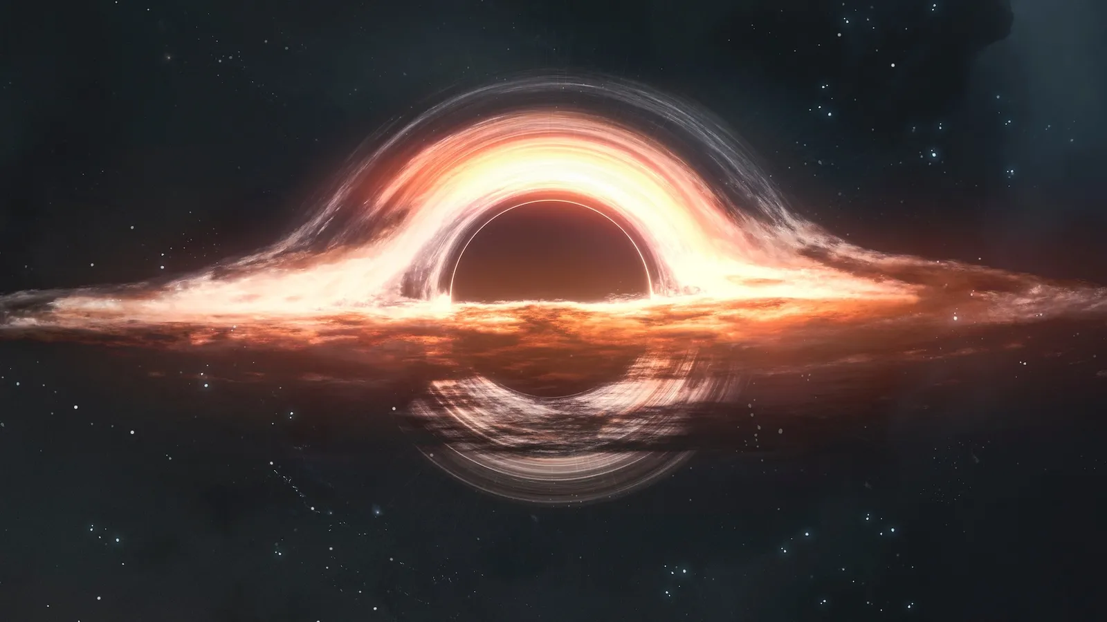 A black hole surrounded by a glowing gold accretion disk and stars.